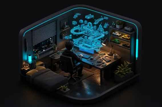 Quarto visto de cima com um circuito 3D projetado sobre a mesa, sendo montado peça por peça